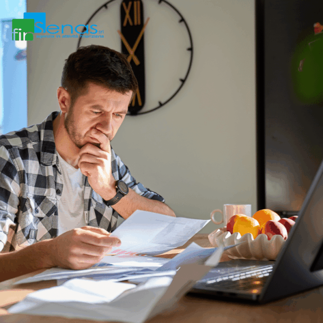 Questionari ISTAT: obbligatori o facoltativi? Tutto quello che devi sapere Uomo seduto a un tavolo mentre legge documenti con espressione preoccupata, simbolo dei dubbi sui questionari ISTAT obbligatori.