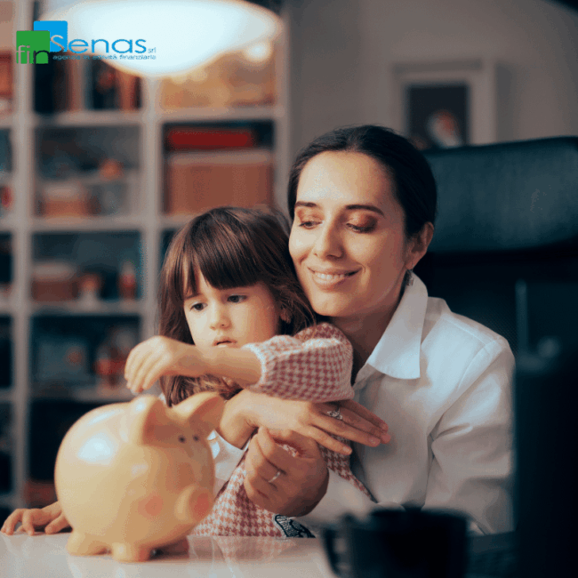 Mamma sorridente aiuta la figlia a mettere una moneta in un salvadanaio a forma di maialino.