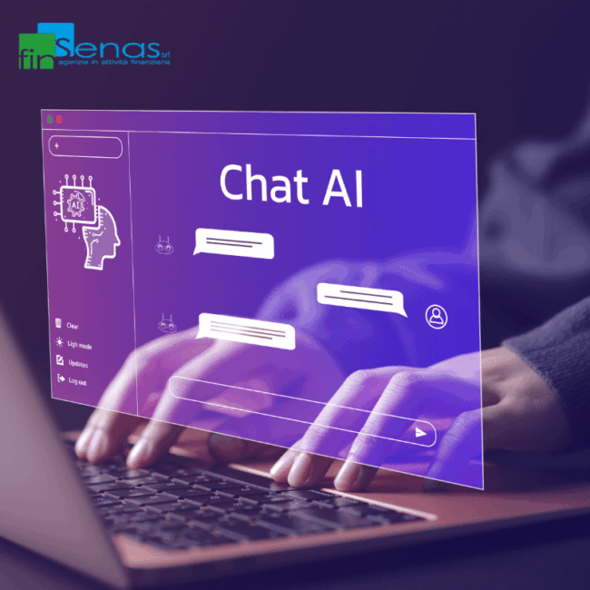 Mani che digitano su un laptop con interfaccia virtuale trasparente di una chat AI proiettata sullo schermo