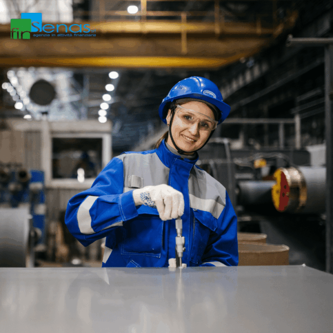 Donna con casco e tuta da lavoro blu in un ambiente industriale, sorride mentre utilizza un macchinario