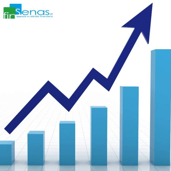 Grafico con una freccia che sale sopra colonne, simbolo di crescita e successo finanziario per una PMI