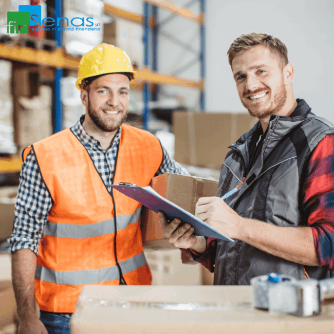 Fondo di Garanzia PMI 2025-2026 come funziona davvero e come usarlo per ottenere credito più facilmente Due lavoratori in magazzino sorridono mentre compilano documenti su un clipboard, indossando abbigliamento da lavoro e dispositivi di sicurezza, con il logo FinSenas in alto a sinistra