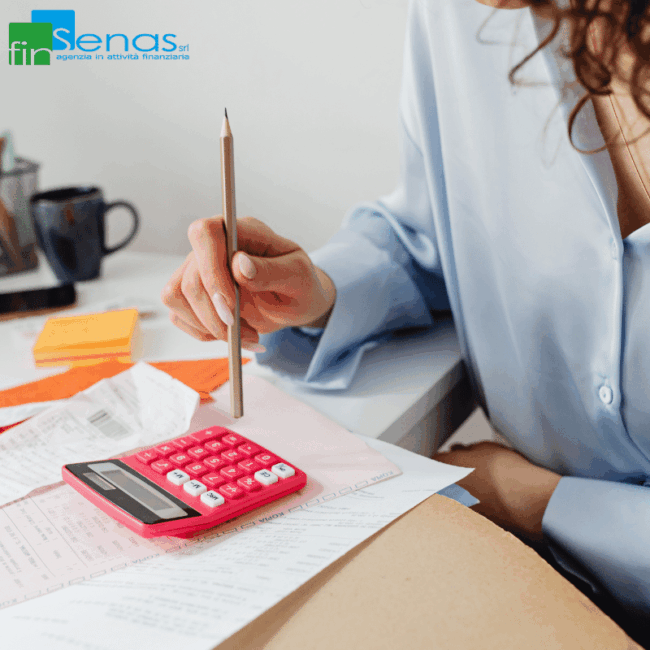 Iperammortamento 2026 guida completa e vantaggi fiscali Donna con camicia azzurra utilizza una calcolatrice rossa su una scrivania con documenti, ricevute e post-it colorati