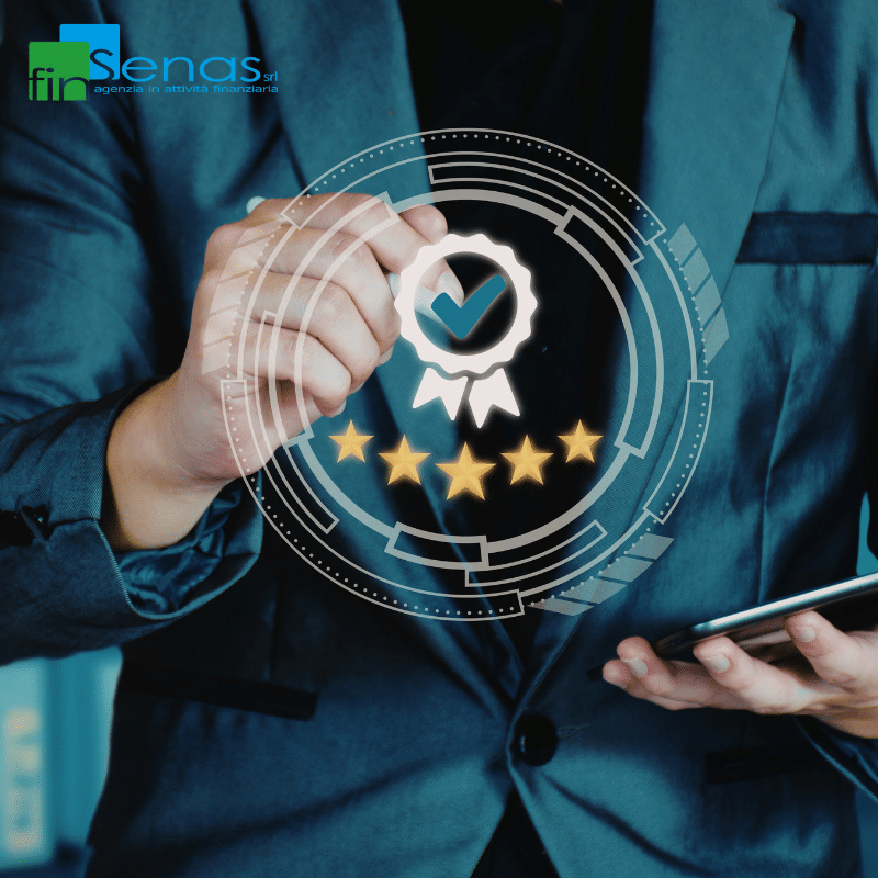 Rating bancario come migliorarlo in 12 mesi Professionista con smartphone interagisce con un’icona di rating bancario e stelle, simbolo di valutazione e miglioramento del profilo creditizio.