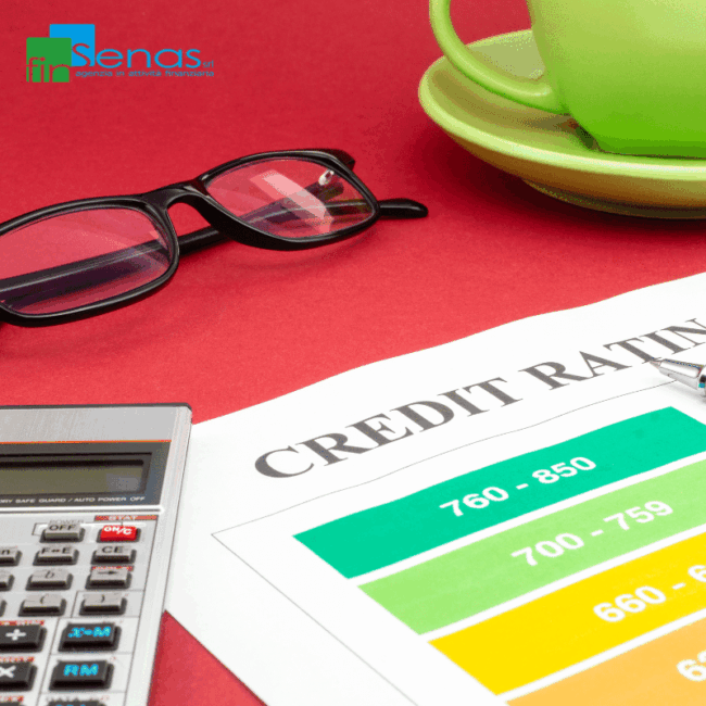 Rating aziendale cosa significa davvero Carta con il termine "Credit Rating", calcolatrice, occhiali e una tazza, simbolo di valutazione del rischio aziendale.