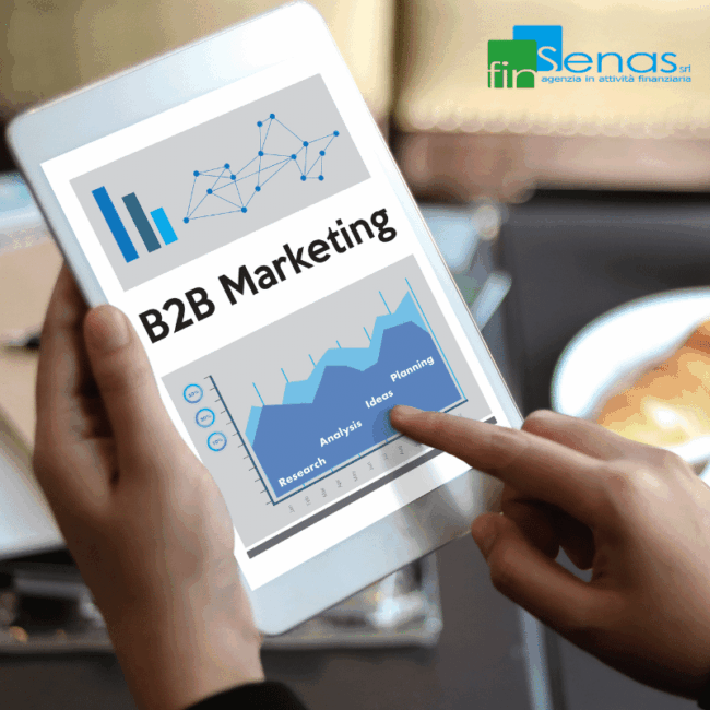 Content Marketing B2B come costruire fiducia e posizionare il brand con contenuti di valore Persona che usa un tablet per visualizzare grafici e dati di marketing B2B, immagine rappresentativa di strategie di content marketing aziendale.