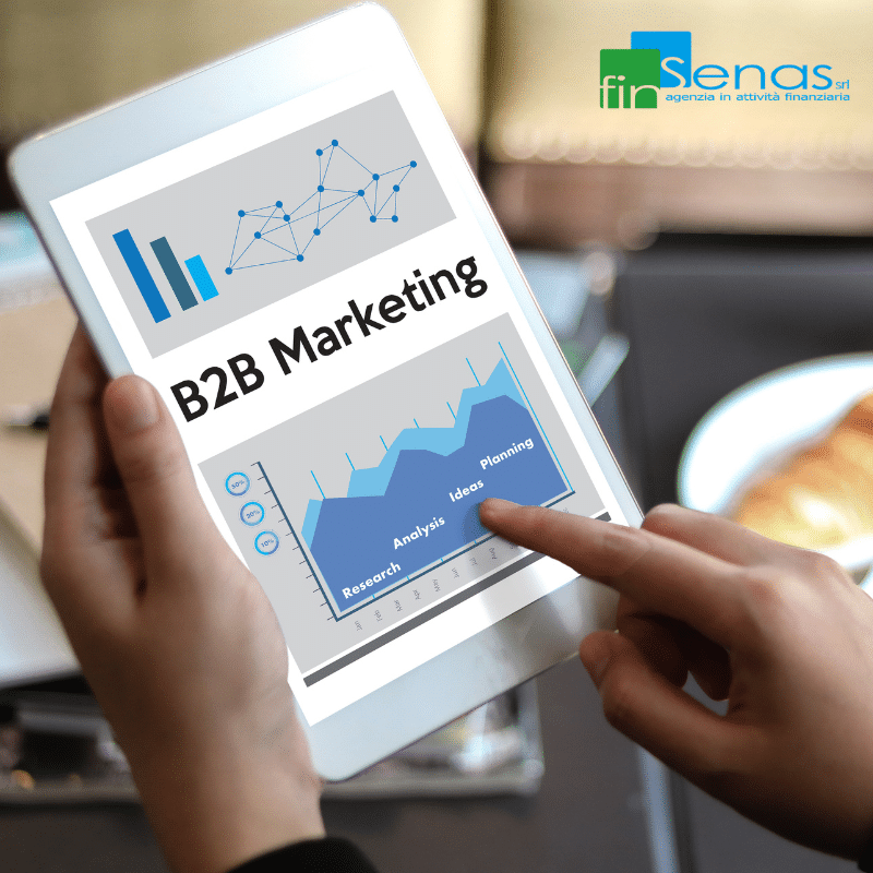 Content Marketing B2B come costruire fiducia e posizionare il brand con contenuti di valore Persona che usa un tablet per visualizzare grafici e dati di marketing B2B, immagine rappresentativa di strategie di content marketing aziendale.