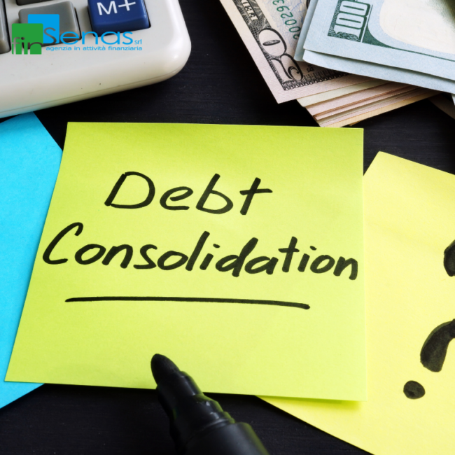 Consolidamento debiti quando farlo e perché può aiutarti a gestire meglio le rate Foglio adesivo giallo con la scritta “Debt Consolidation”, calcolatrice e banconote sullo sfondo, immagine rappresentativa del consolidamento debiti.