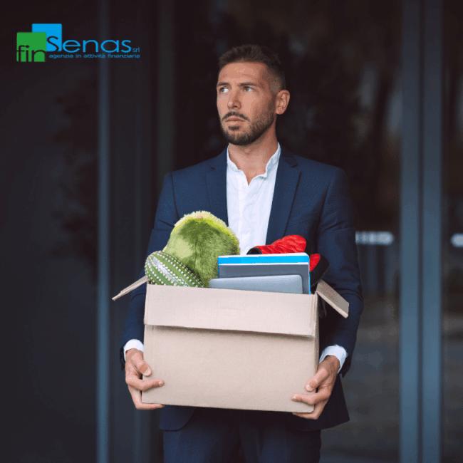 Cessione del quinto e cambio lavoro cosa succede a rata, TFR e finanziamento Lavoratore in abito elegante con una scatola contenente oggetti personali, rappresentando il cambio di lavoro e le conseguenze sulla cessione del quinto.