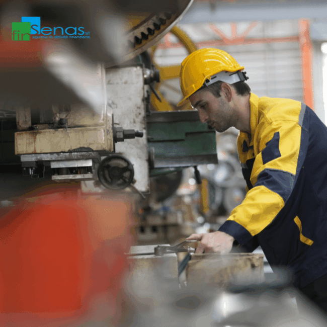 Leasing di beni strumentali come finanziare macchinari e attrezzature per la tua attività Operaio con casco protettivo al lavoro su un macchinario industriale, rappresentando il leasing di beni strumentali per finanziare attrezzature e investimenti aziendali.
